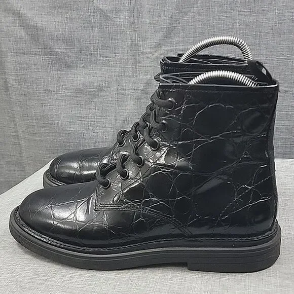 AGL Moreen Women's Black Croc Embossed Patent Leather Lace Up Boots Women's 39.5